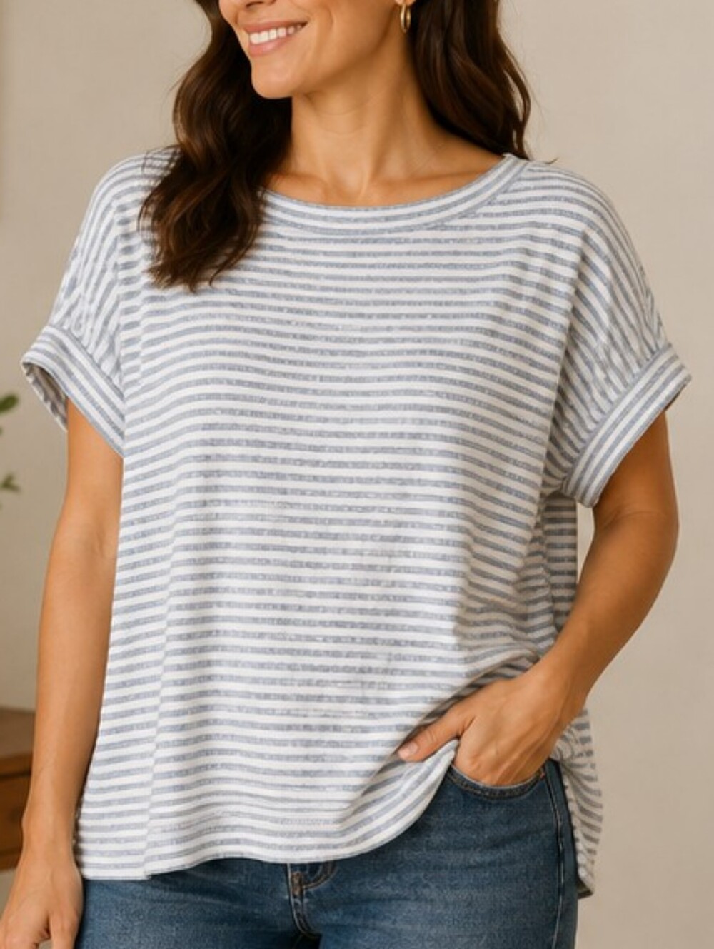 Lou & Grey Striped Boxy Tee Blue White Size Medium